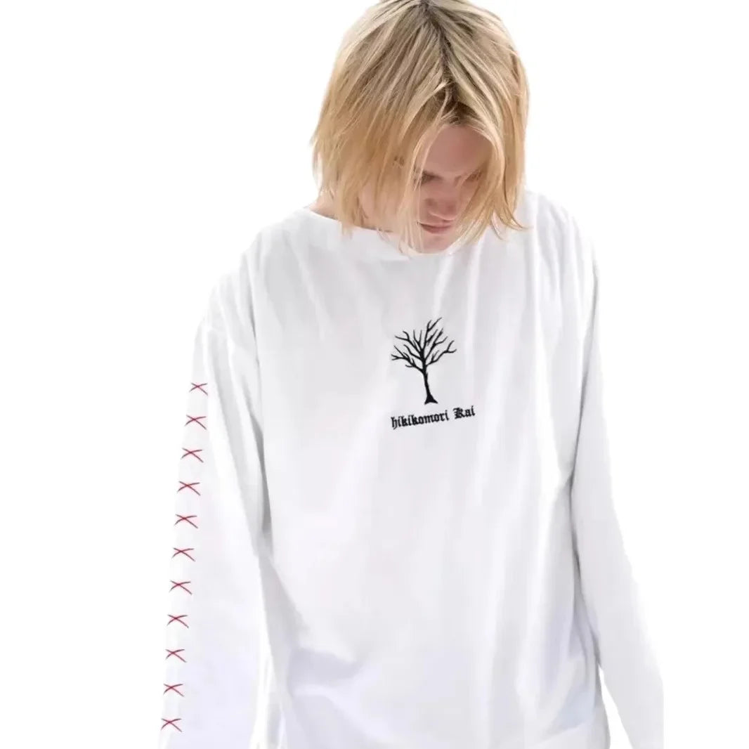 T-shirt à manches longues en pur coton, style streetwear décontracté et tendance, idéal pour le printemps et l'automne. Col rond.