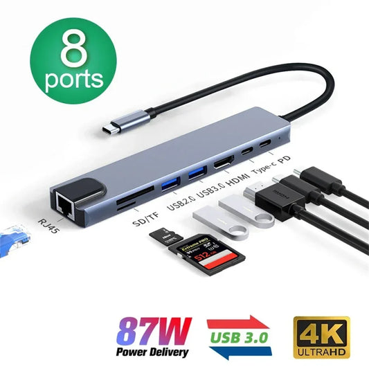 8 In 1 USB C Hub with RJ45 SD/TF Card Reader Type C 3.1 To 4K HD Adapter PD Fast Charge for MacBook Notebook Laptop Computer