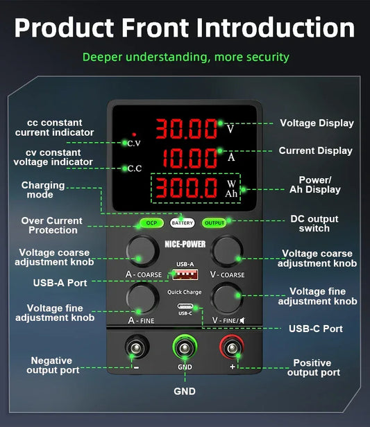 NICE POWER Adjustable DC Power Supply 12V/24V Lead-acid Battery Charging Auto-Stop When Full Reverse Polarity Protection Source