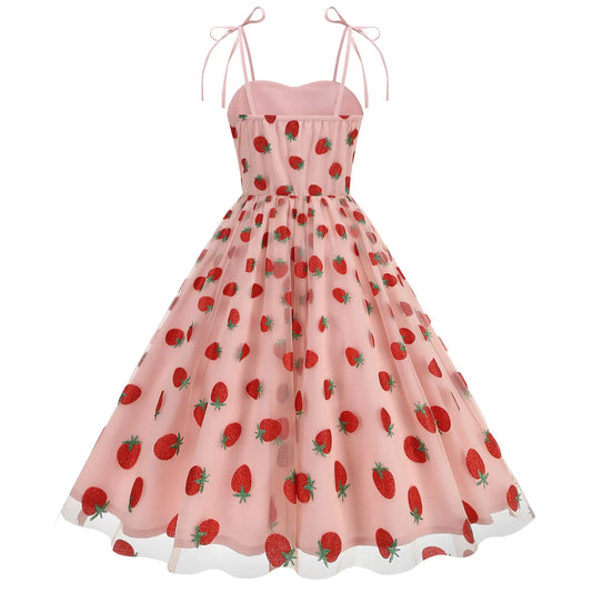 Knot Strap Strawberry Patchwork Vintage Dress 2025 Heart Flocking Valentine's Day Dress Women Birthday Party Pleated Mesh Dress