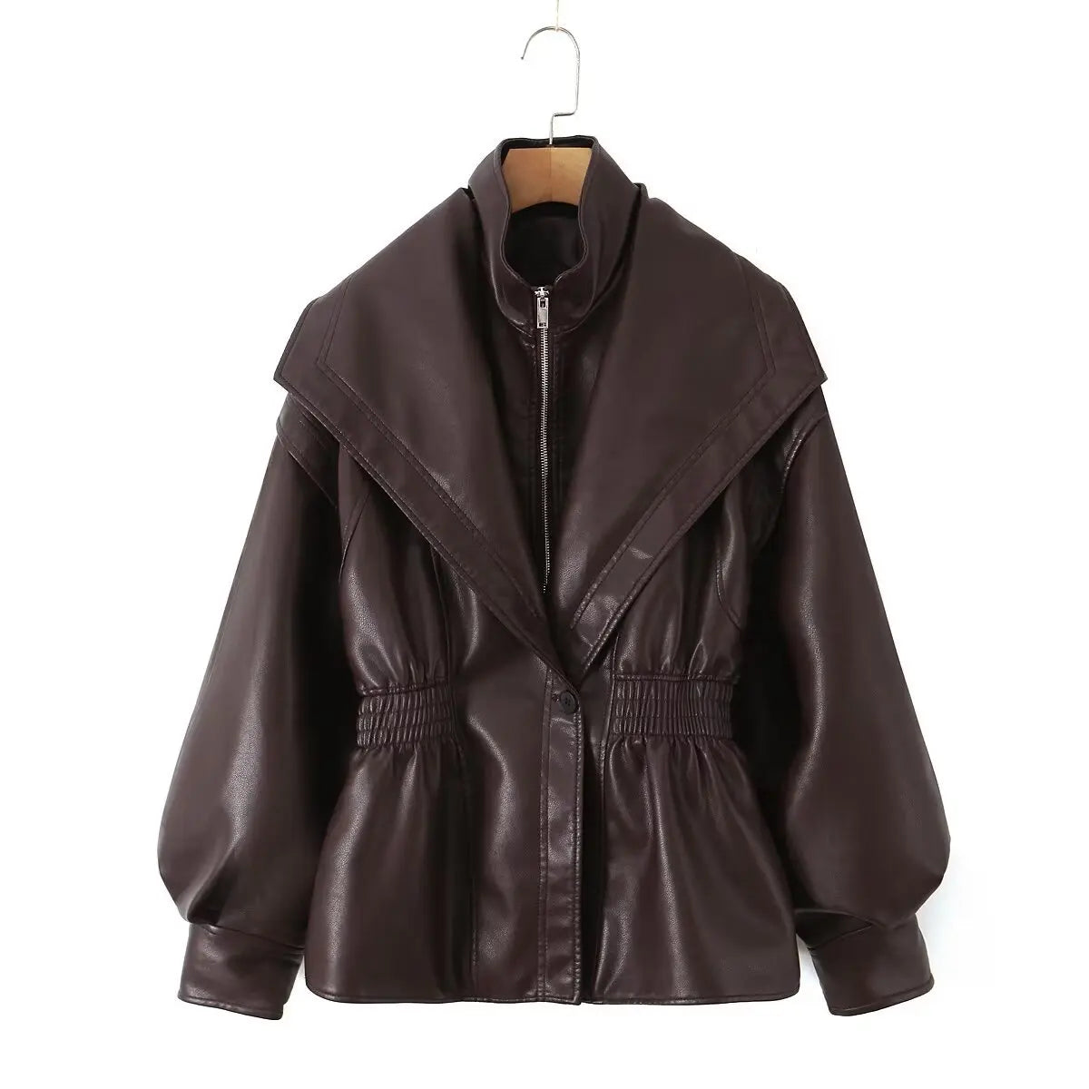 Veste en cuir marron à taille élastique pour femme, style décontracté, col à revers et fermeture éclair, collection automne-hiver.