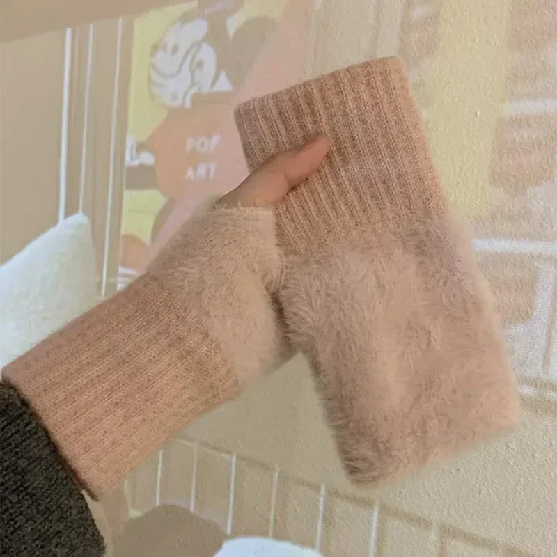 New Solid Color Plush Gloves Women in Autumn and Winter Warm Luxury Woolen Knitted Touch Screen Open Finger Half Finger Gloves