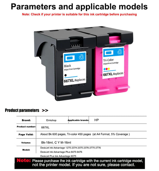 einkshop For HP 667XL 667 XL Ink Cartridge for HP667 DeskJet Ink Advantage 1275 2374 2375 2376 2775 2776 printer