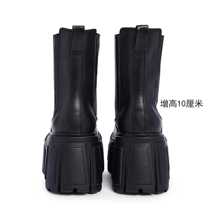 Super High Chunky Heel Platform Chelsea Women's Autumn Small Elevator Ankle Thin Smoke Pipe Genuine Leather Boots
