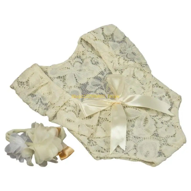 Baby Bow Lace Romper Headband Set Newborn Photography Props Bodysuit Jumpsuit with Flower Hair Band Infants Fotografie Outfits