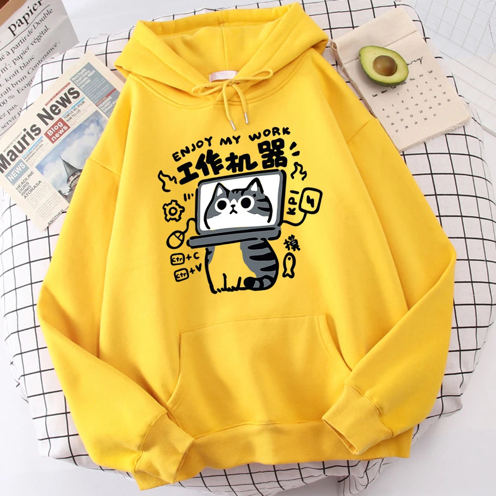 The Cartoon cat is an abstract working machine printed men's hoodie that is comfortable and casual