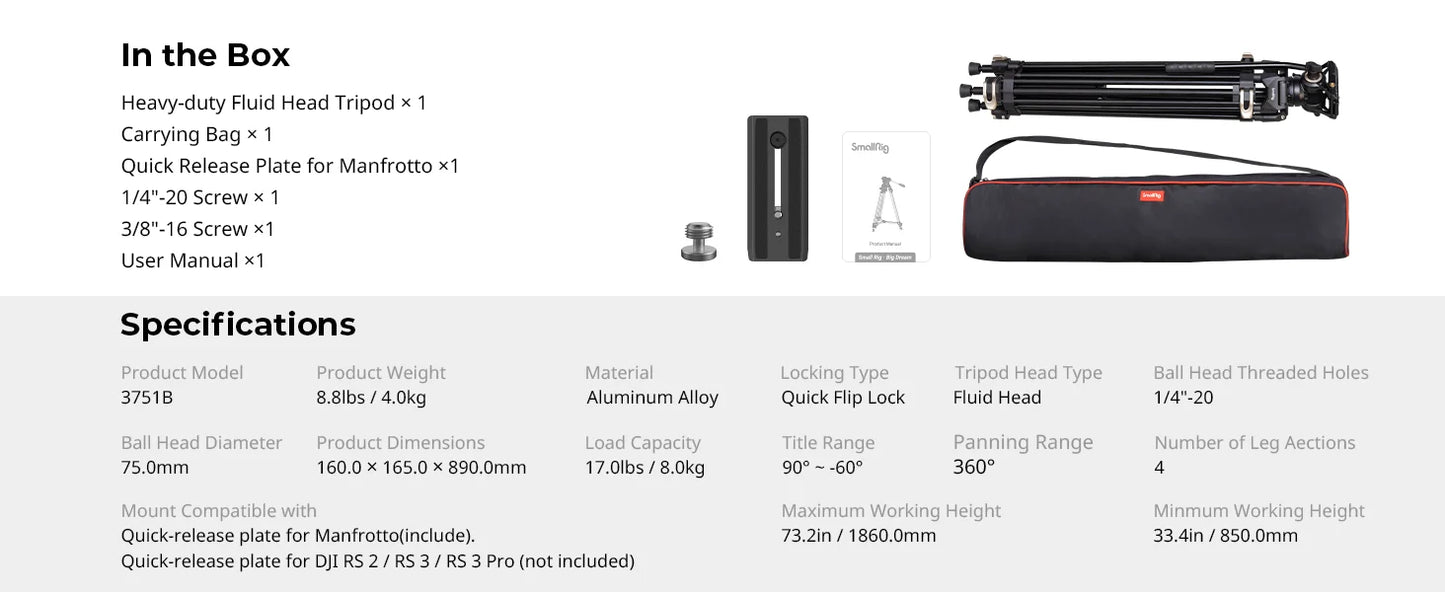 SmallRig Heavy-Duty 360° Fluid Head Tripod AD-01 186cm Video Tripod with Quick Release Plate for DSLR Camera Camcorder