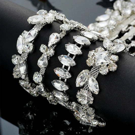 QIAO 90cm Rhinestone Crystal Chain Diamante Lace Diamond Trim Ribbon Necklace Applique Gem Sparkle Wedding Dress for DIY Craft