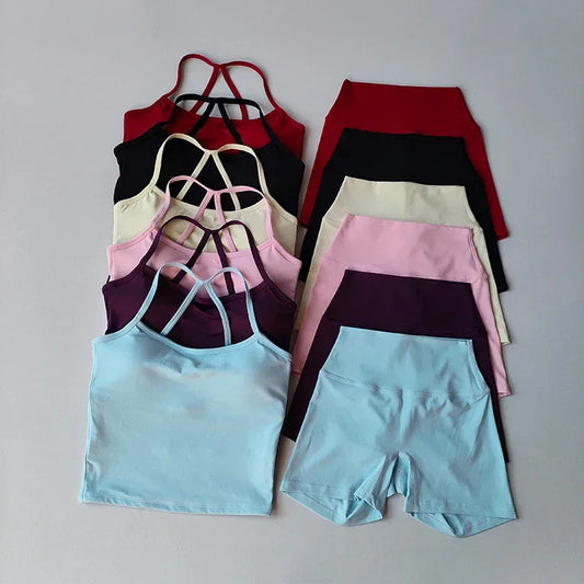 2PCS Gym Fitness Medium-intensity Sports Vest Beauty Back Yoga Suit Sports Bra Women Pilates Bra High Waist Hip Lift Shorts Set