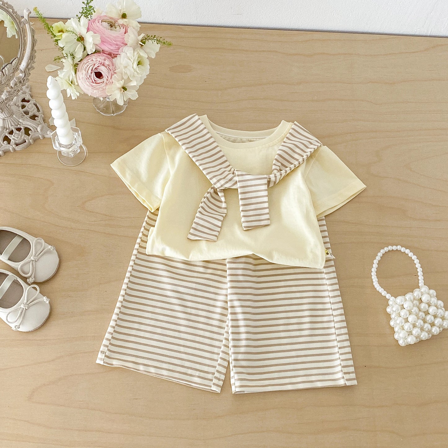 Summer new style baby striped shawl short sleeve wide leg pants two-piece set Korean version girl fashionable suit