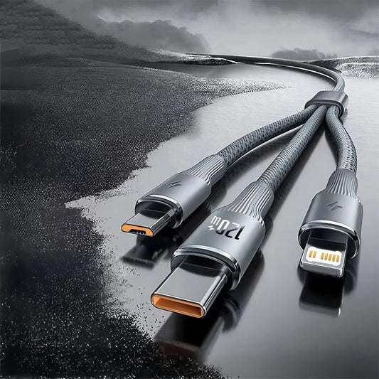120W 3 In 1 Fast Charging Cable 3A For iPhone15 14 13 12 11 X Pro Max Micro USB Type-C Phone Charger USBC Data Cable 1.2M