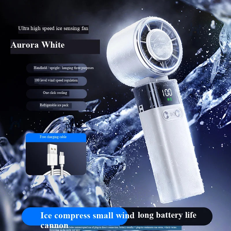 Handheld Fan with Semiconductor Cooling, Ice Compress, Ultra-Long Battery Life, Foldable Tabletop, Digital Display, Mini Fan