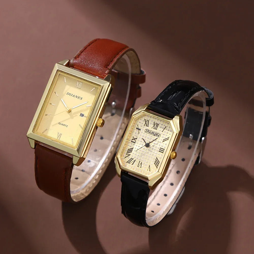 2pcs/set Square Couple's Watch, PU Leather Strap, Quartz Movement | Gifts for Men or Women | Valentine's Day Gifts