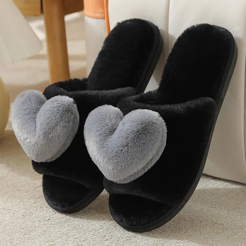 Women Indoor Warm Home Slippers Bedroom Cute Heart Pattern Non-slip Soft Comfort Plush House Slippers Shoes Autumn Winter