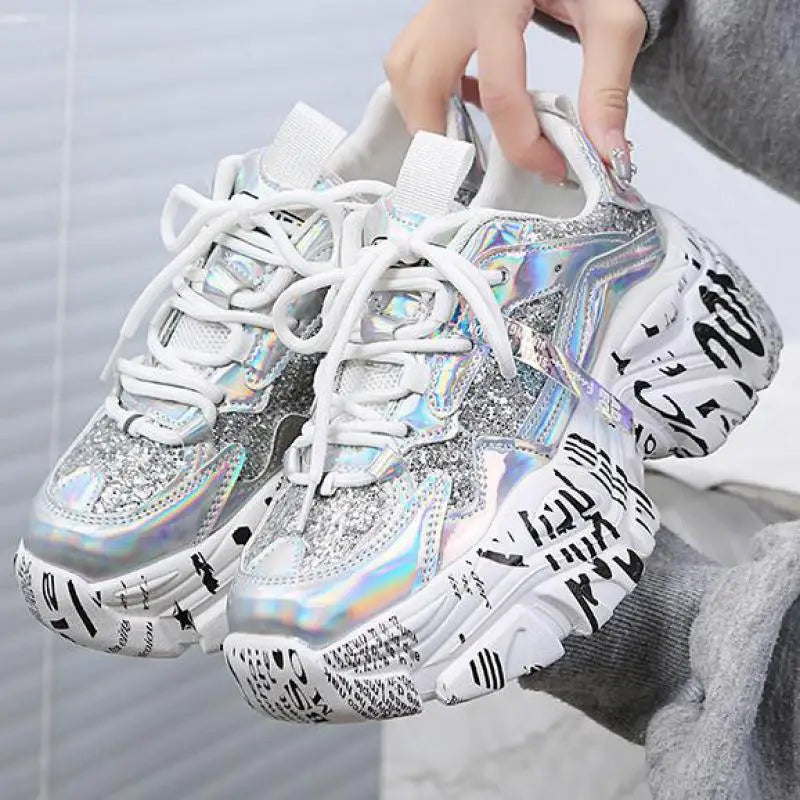 Bling Sports Shoes Women Platform Thick Sole Running Shoes Woman Sneakers Glitter Lightweight Casual Sparkling Women Shoes Pink