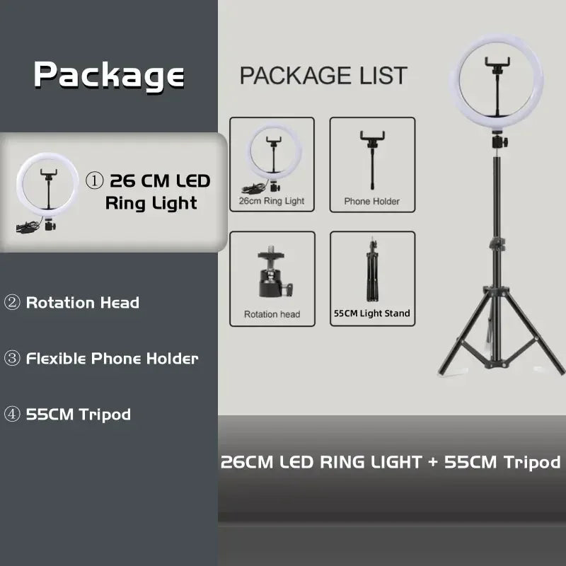 10" 26cm LED Selfie Ring Light Photography Video Light RingLight Phone Stand Tripod Fill Light Dimmable Lamp Trepied Streaming