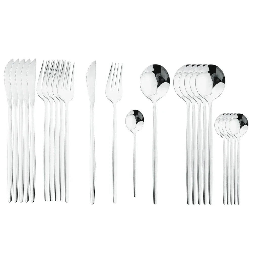 24Pcs Stainless Steel Cutlery Set Black Handle Golden Dinnerware Knife Fork Spoon Kitchen Tableware Gift Set