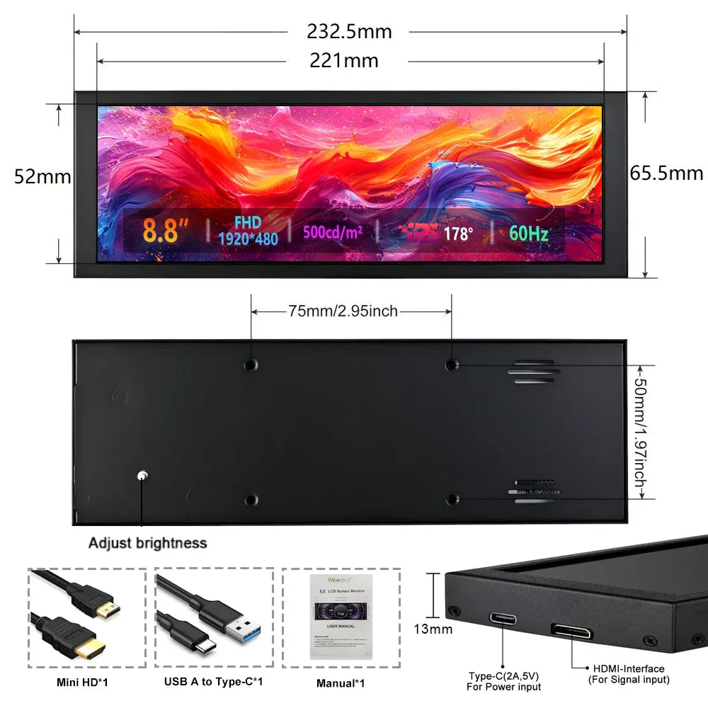 Wisecoco 11.3/8.8/7.84 inch HD IPS Secondary Screen Type-C for Laptop Computer Temperature DIY Aida64 CPU GPU Monitor