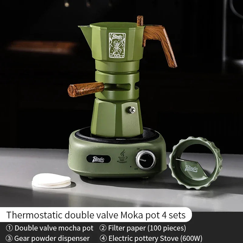 Bincoo Double valve Moka Pot Set Electric Stove Coffee Pot Household Italian Espresso Machine Mocha Pot Barista Accessories 220V