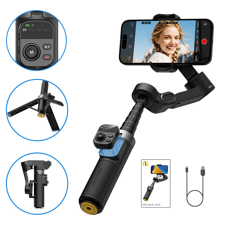 AOCHUAN Smart X3 3 Axis Anti-Shake Gimbal Stabilizer Built-in Telescopic Rod For iPhone And Android Smartphone Shooting Vlgo