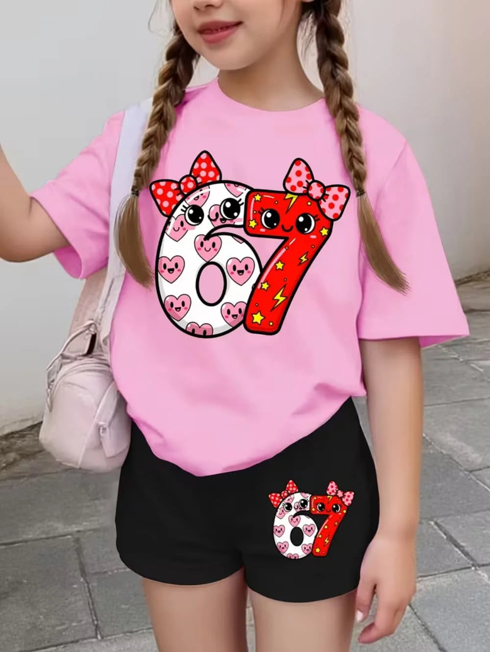 67 Six Seven Girls Clothes Cute Bows Flowers Print Girls Short Sleeve T-Shirt + Pants Set Casual Fashion Children's Clothes Tops