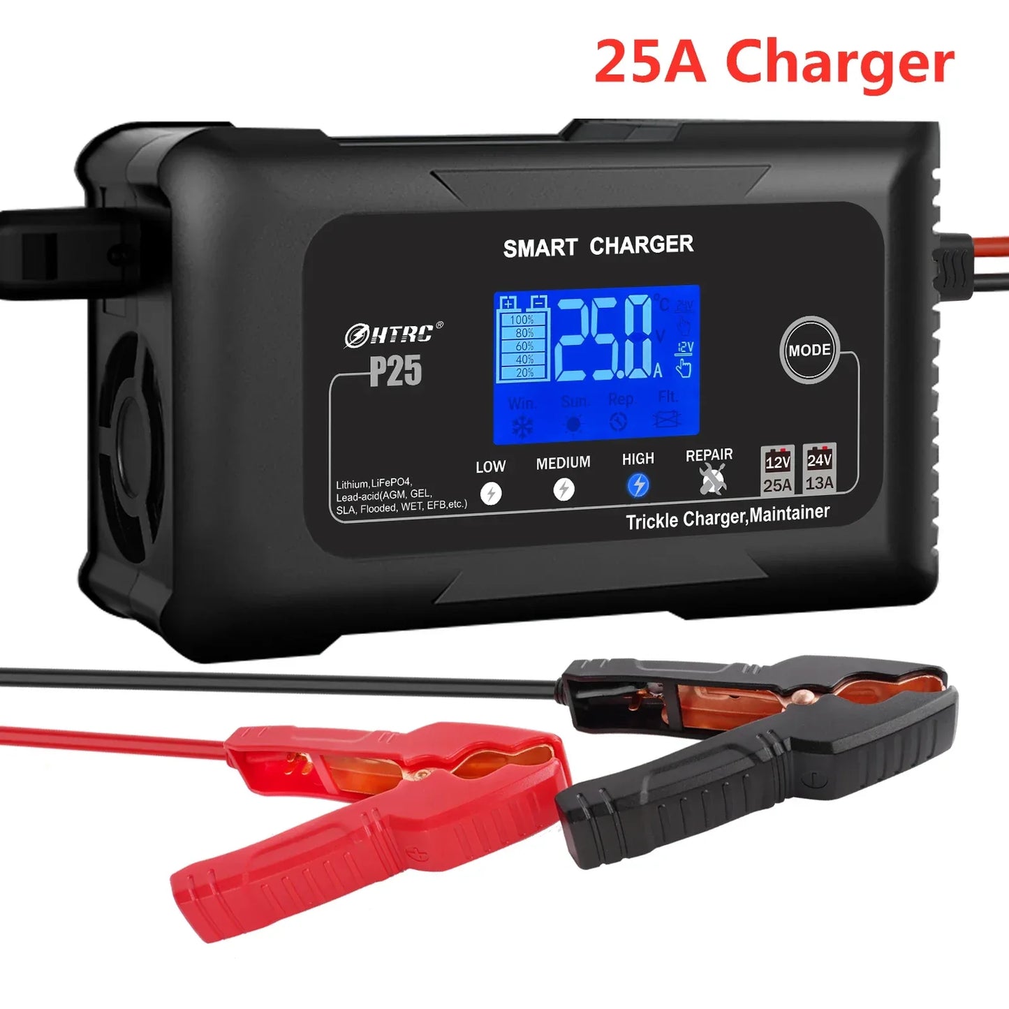 HTRC 12V/24V 15A/20A Car Battery Charger Smart Charger for Lead-Acid PB LiFePO4 Battery 7-Stage Automatic Car Motorcycle Charger