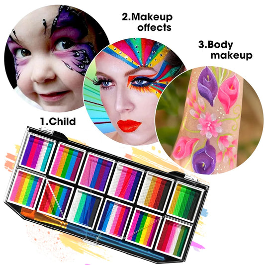 Palette de maquillage pour le visage et le corps à 12 cases, palette arc-en-ciel bicolore, maquillage à base d'eau non toxique pour Halloween et autres fêtes.