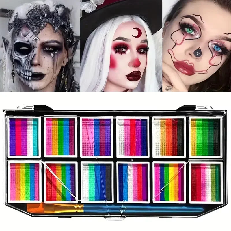 Palette de maquillage pour le visage et le corps à 12 cases, palette arc-en-ciel bicolore, maquillage à base d'eau non toxique pour Halloween et autres fêtes.