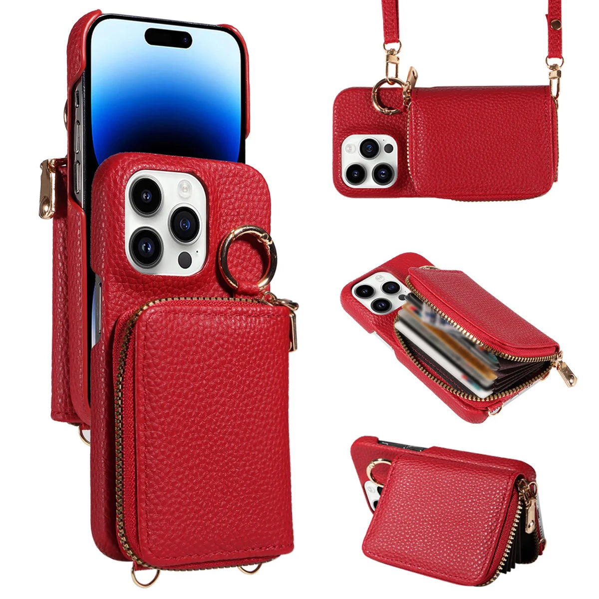 Newly Designed Deluxe Zipper Card Case for IPhone16promax 15 14 PU Leather Phone Case with Crossbody Lanyard Wallet Function