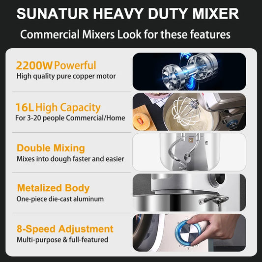 SUNATUR 16L Stand Mixer 2200w electric kitchen blender Commercial Food processor Large capacity Two kneading hooks dough mixer