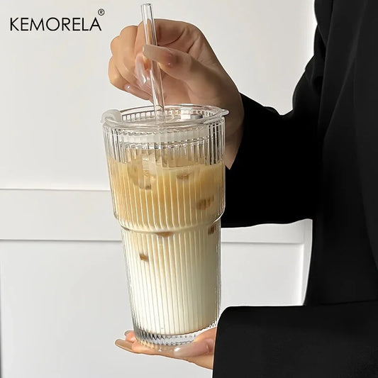 600ML Stripe Glass Coffee Cup With Lid and Without Cover Straw Transparent Drinking Glasses for Juice Iced Coffee Mugs Drinkware