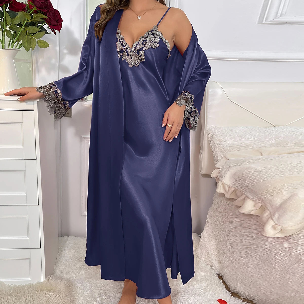 2cs Contrast Lace Long Sleeve Belted Robe V Neck Slip Dress Sexy Elegant Women Pajamas Sets