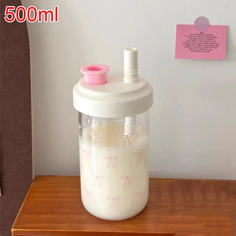 Cute Pink Bow Straw Water Bottle Fashionable Travel Safe Odorless Large-capacity Portable Water Bottle For Travel