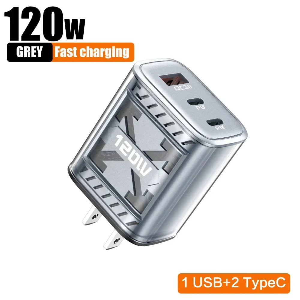 Total 120W USB C PD Charger QC 3.0 Type C Fast Charging Phones Wall Adapter for iPhone 16 Samsung Xiaomi POCO 3 In 1 USB Charger