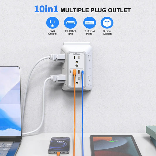 Multi Power Strip Wall Socket, US Plug with 6 AC Outlets 4 USB Ports(2 Type C), Power Expander Network Filter for Home Office