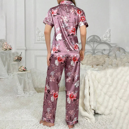 Satin Pajama for Women Flower Print Sleepwear Set Soft Comfort Home Clothes Autumn Short Sleeve Tops & Pants Pyjama Pijama Femme