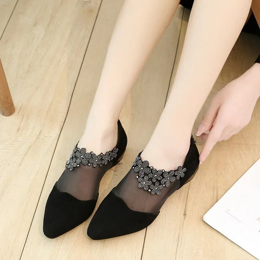Women 2025 Summer Fashion Black Lace Rhinestone Sandals Flowers Low Heel Sandals Mesh Plus Size Sandalias Mujer Casual Shoes