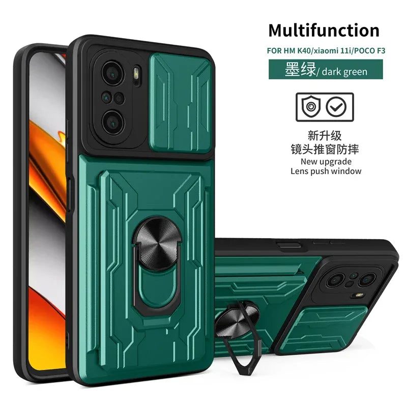 For xiaomi poco f3 case slide card camera armor phone case for pocophone little poco f3 f 3 pocof3 f3poco car holder back cover