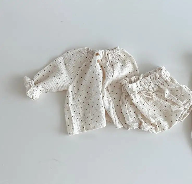 2024 Spring Newborn Floral Print Cotton Long Sleeve Tops+Shorts 2pcs Boy Girl Baby Loose Dots T-shirt Set Thin Infant Tees Suit