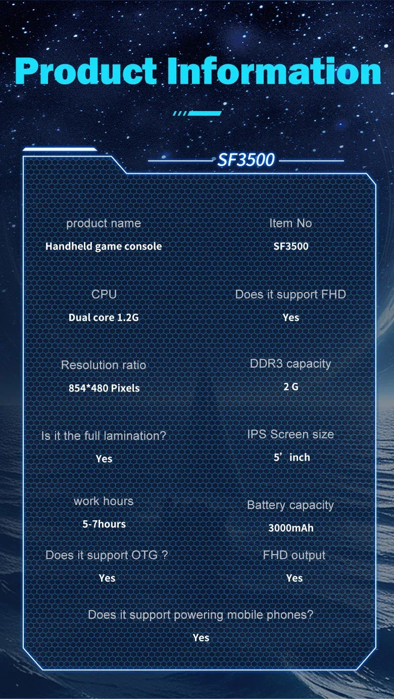 Multifunctional 5 Inch IPS HD Retro Handheld Game Console SF3500 Support Multi-System with FHD Port& Dual Core,256GB Expandable