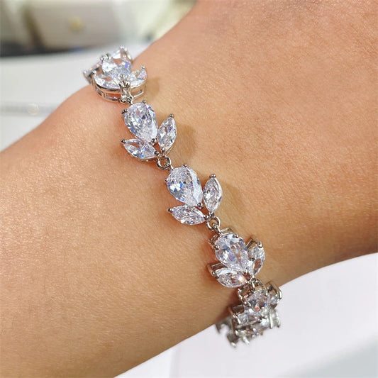 ZAKOL Luxury AAA Cubic Zirconia Wedding Bracelets for Women High Quality White Gold Color Leaf Charm Bracelet Bangles
