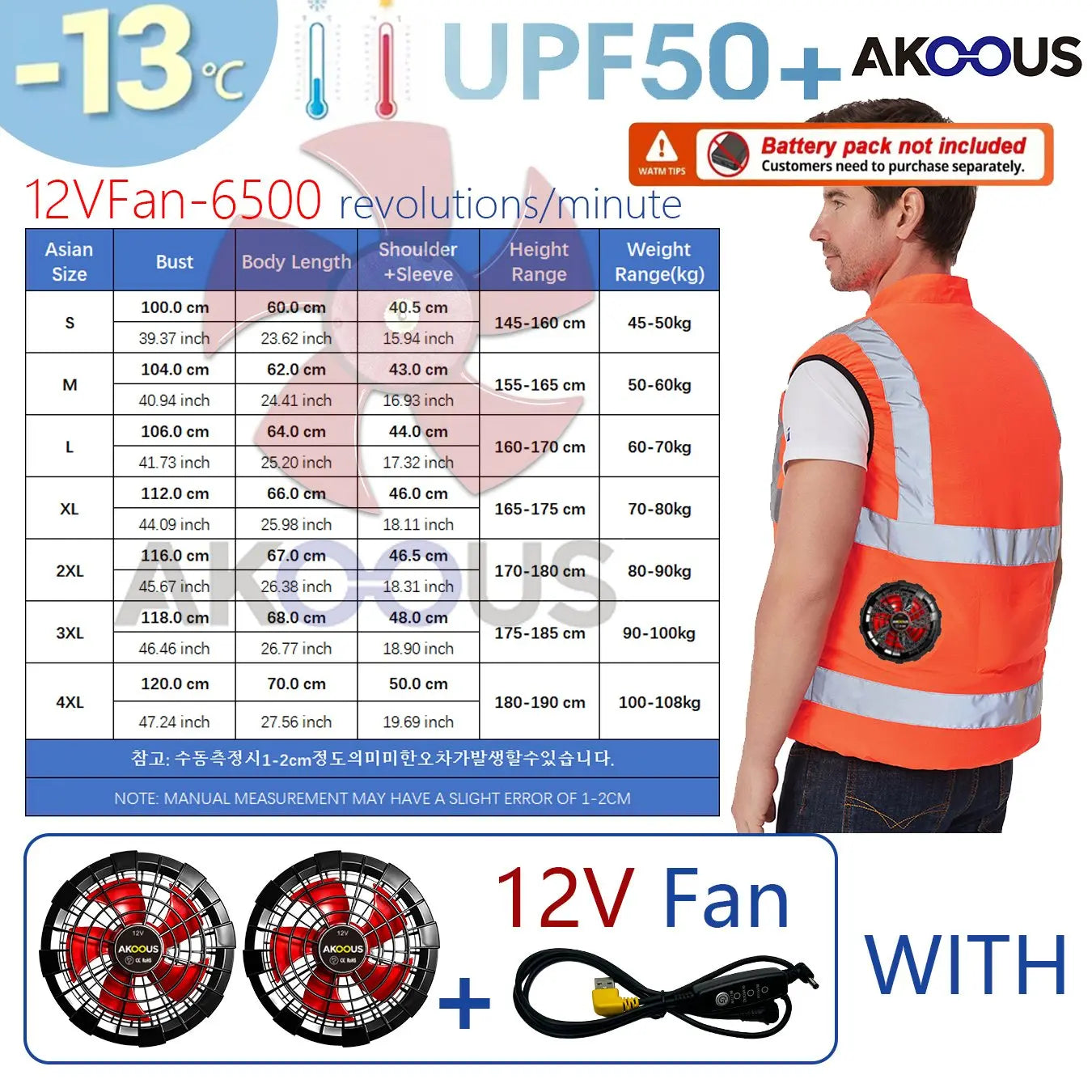 AKOOUS 6500 RPM 12V/5V USB 3-Fans Cooling Vest Air Conditioned Clothes Men Women Outdoor Work Fishing Body Cooling Jacket