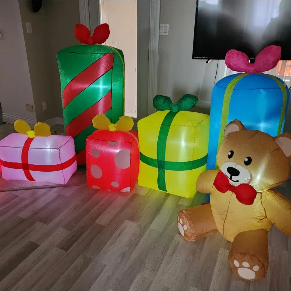 3M Christmas Inflatables Bear And Six Gift Boxes Built-in LED Lights Inflated Model Toy Outdoors Xmas Festival Party Yard Props