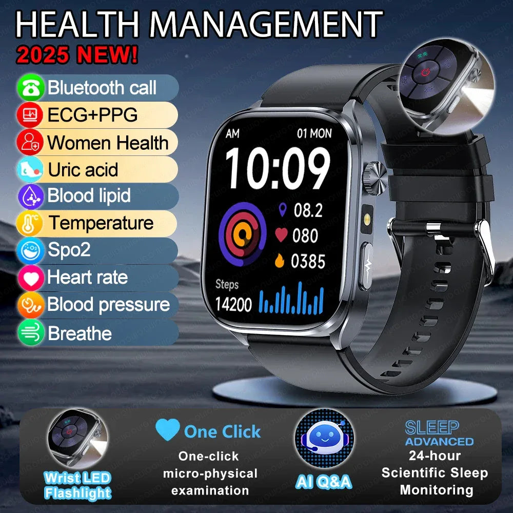 New Uric Acid Blood Lipids AI-GPT ECG Smartwatch Micro Physical Examination Body Analysis Men BT Call LED Flashlight Smartwatch