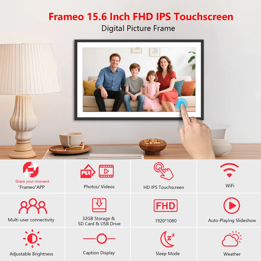 FRAMEO 15.6 Inch 32GB Large Digital Photo Frame, Digital Picture Frame WiFi, IPS HD Touch Screen, Photo Frame with Auto-Rotate by PDG ibma