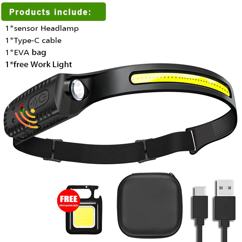 USB Rechargeable Head Torch Induction Headlamp COB LED Sensor Head Lamp Built-in Battery Flashlight 5 Lighting Modes Headlight