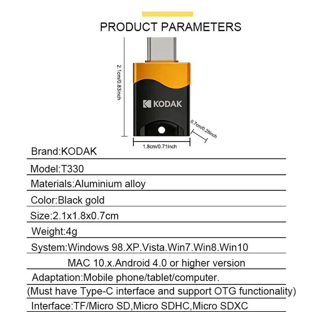 NEW KODAK T330 Micro SD Card Reader Type-C TF Memory Card High-speed OTG Adapter Suitable for Mobile Phones Tablets and Computer