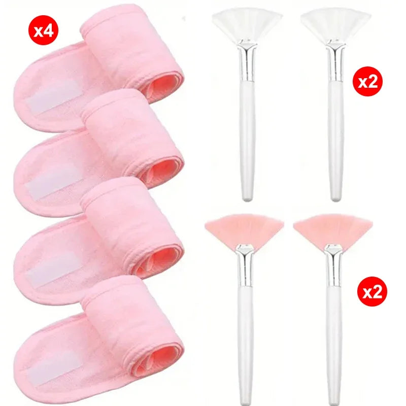 8pcs/set Facial Brushes Fan Makeup Brushes Soft Portable Mask Brushe Spa Headband Stretchable Hair Wrap Skincare Makeup Tools