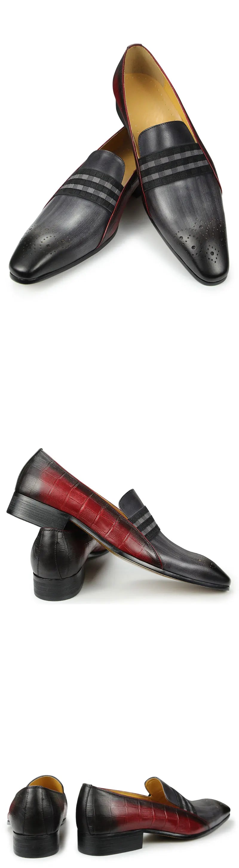 Loafer Men Fashion Cowhide Shoes Casual Gentleman Party Wedding Leather Shoes Gray Red Mixed Striped Elastic Band Footwear