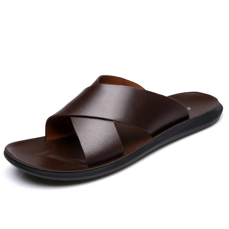 Leather Slippers For Men New Hotel Beach Summer Shoes High Quality Big Size Slip On Light Flats Male Flip Flops 2023